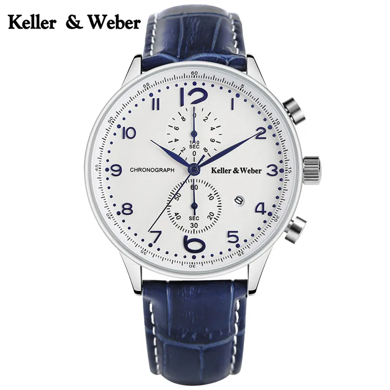 

Keller & Weber 2017 New Arrival Men Quartz Wristwatch Genuine Leather Watchband Date Chronograph Luxury Watches for Business Men