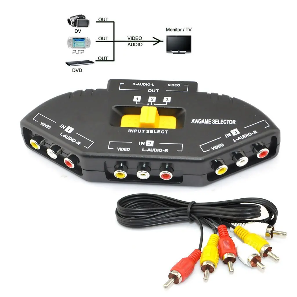 

New 3 Port Input Channels RCA Adapter Switch AV DVD Audio Video Selector Cable
