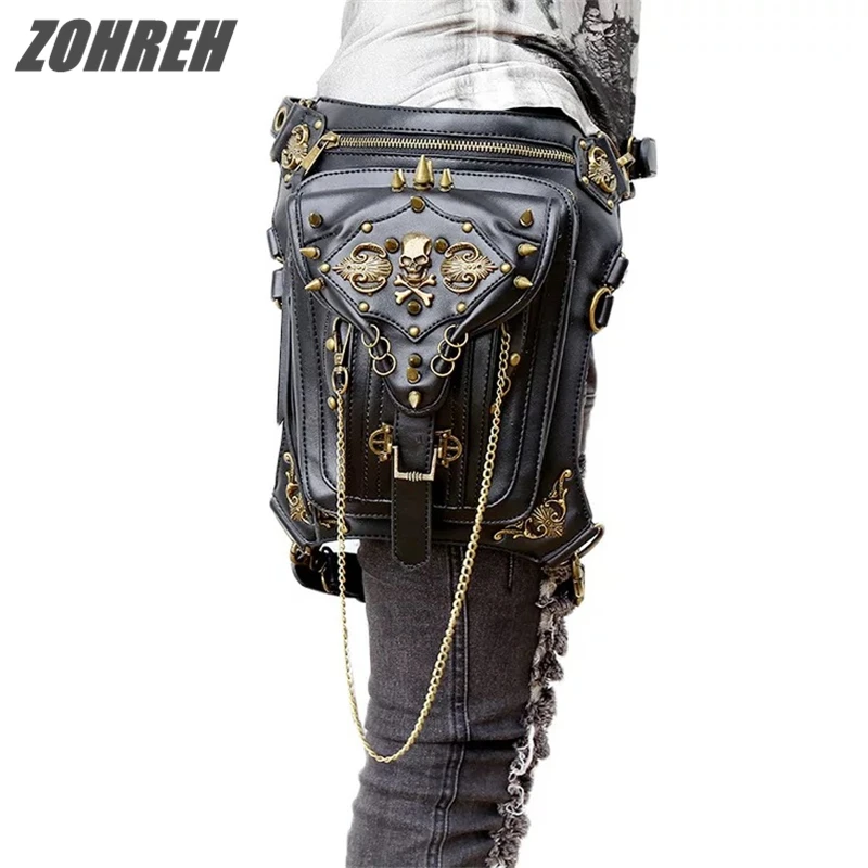 

Steelsir Retro Black Leather Messenger Rock Waist Bags Steampunk Cool Unique Men Rivet Waist Bag Lady Skull Travel Shoulder Bag