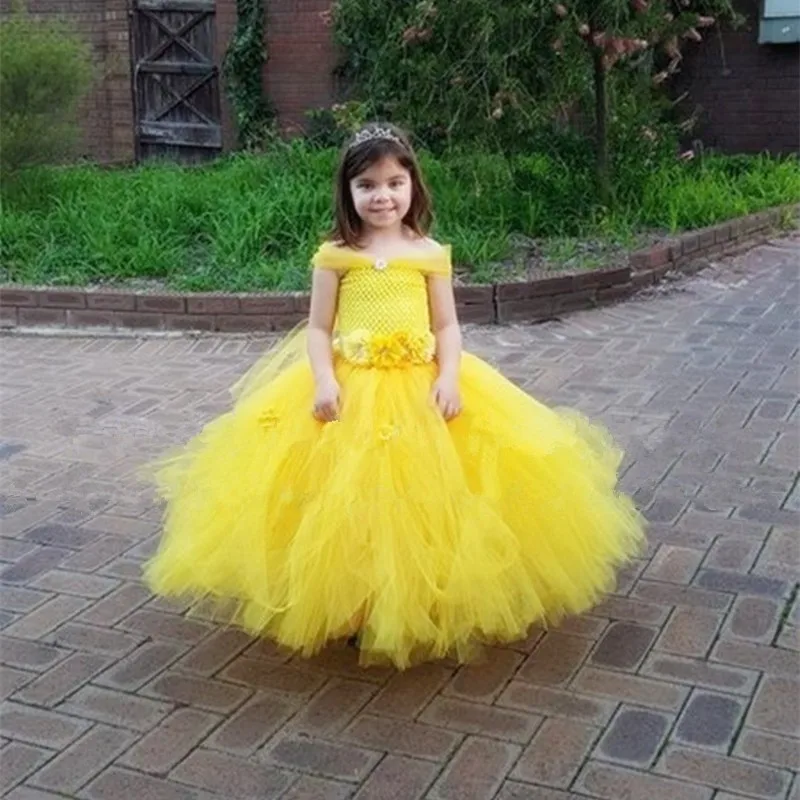 

Belle Princess Baby Girls Dress Yellow Kids Baby Christmas Halloween Costumes Beauty Beast Cosplay Dress Flowers Girls Ball Gown