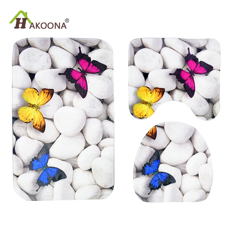 HAKOONA Home Toilet Seat Cover Butterfly Stones Print 3 Pieces/Set 45*75cm Bathmatin Toilet