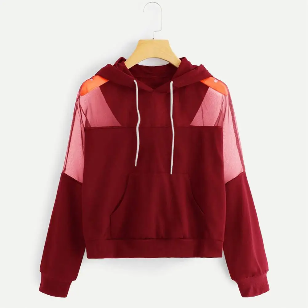 

Women Solid Mesh Splice Long Sleeve Hooded Sweatshirt Loose Pocket autumn fashion 2019 new HOT hoodie Tops female clothes balck