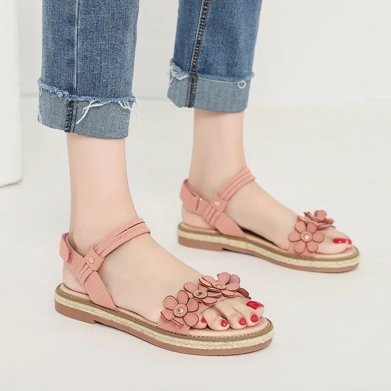 

2019 summer new fashion simple solid color flower sandals women comfortable wild casual sandals
