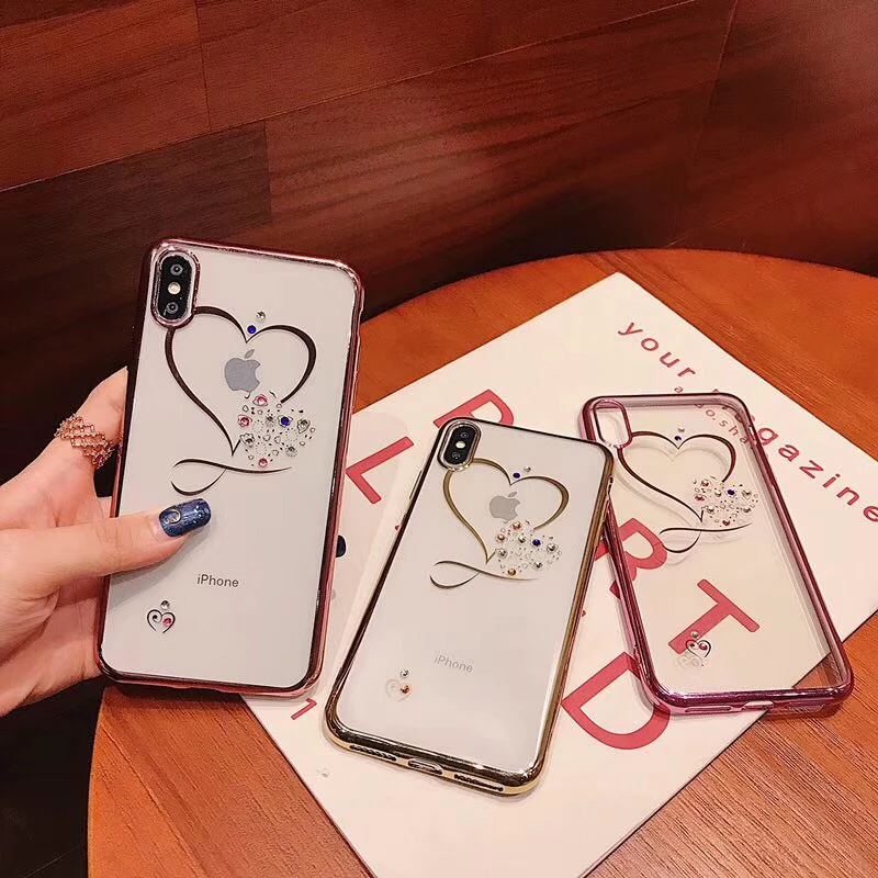 

Plating Love Heart Case For iPhone X XS MAX XR Case Glitter Bling Rhinestone Silicone Case For iPhone 6 6S 7 Plus 5 5S SE Cover