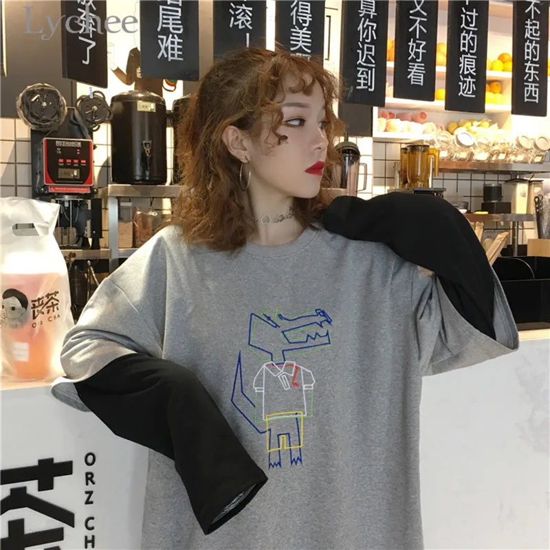 Lychee Harajuku Мультфильм крокодиловая вышивка Лоскутная Толстовка с круглым вырезом