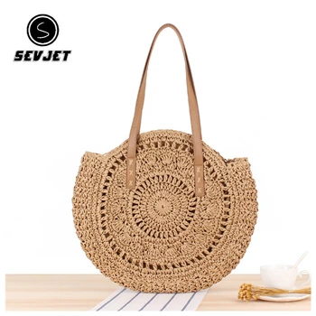 

Summer Beach Bags Vintage Handmade Round Shoulder Bags Raffia Circle Rattan Straw Bag Bohemian Casual Quality Woven Handbag C803