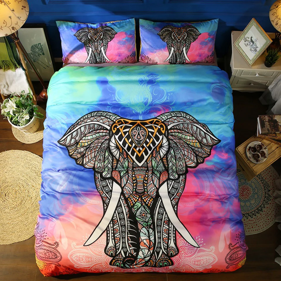 

Colourful Elephant Print White Bedding Set Bedclothes US Twin Queen King Bedlinen Duvet Cover set Pillow Sham Drop Shipping
