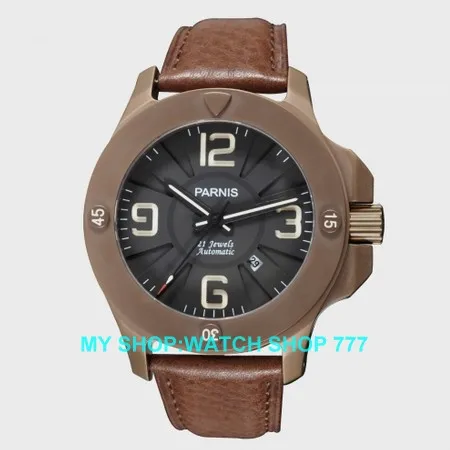 Sapphire crystal 47 mm PARNIS Japanese Automatic Self Wind movement men watches Mechanical Wristwatches PVD coffee