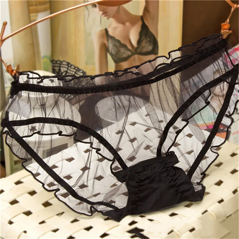 

KLV Mesh Transparent Thongs Panties Women Erotic Ultra-thin Sexy Lace Bow Low Waist Briefs Panty Underwear Soft Temptation