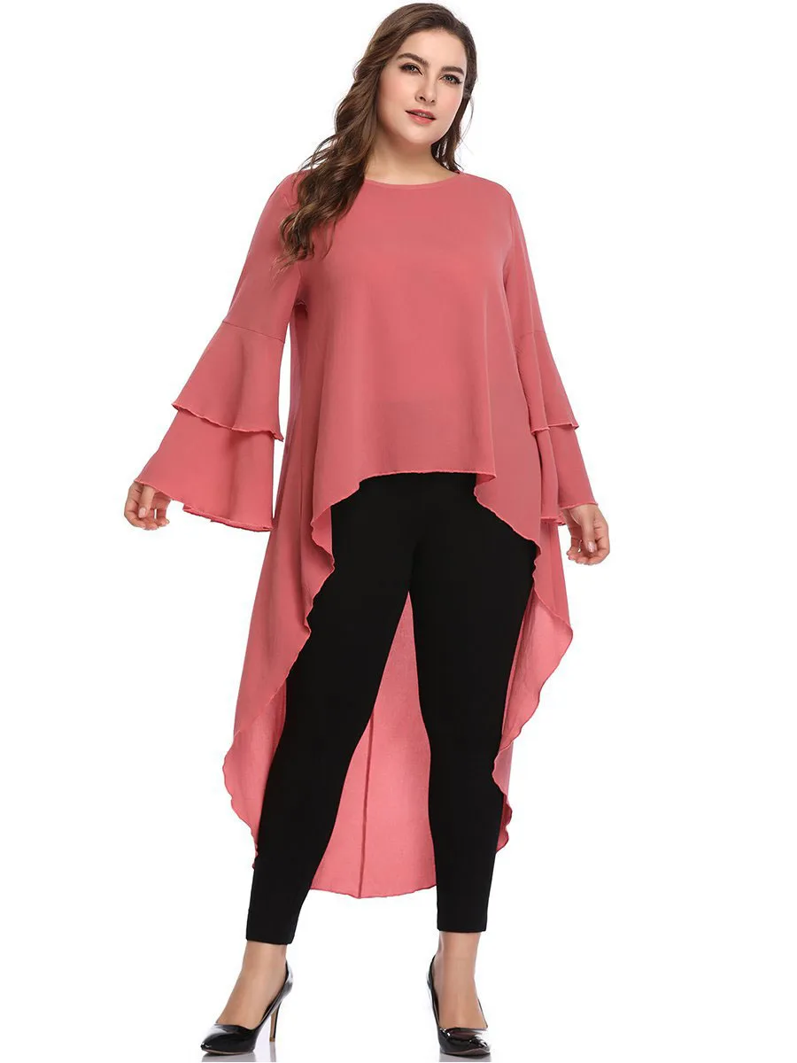 

Pink Women Summer tops Irregular New Radiant Hem Loose Long flare Sleeve ladies solid color oversize Plus Size Tops blouse lady