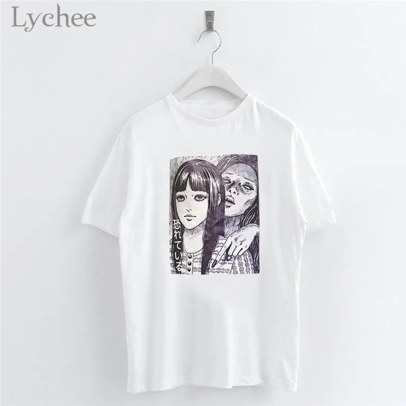 

Lychee Harajuku Dark Girl Cartoon Women T Shirt Casual Short Sleeve O-Neck White T Shirt Tee Top Female