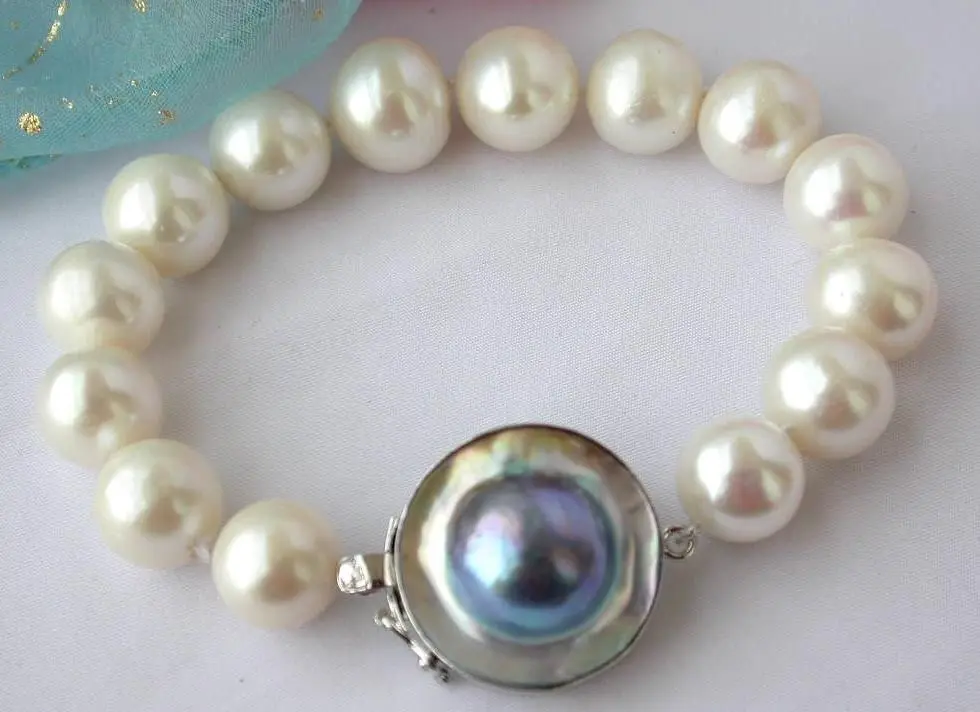 

Free shipping@@@@@ z2338 8" 12mm round white freshwater pearl bracelet silver mabe