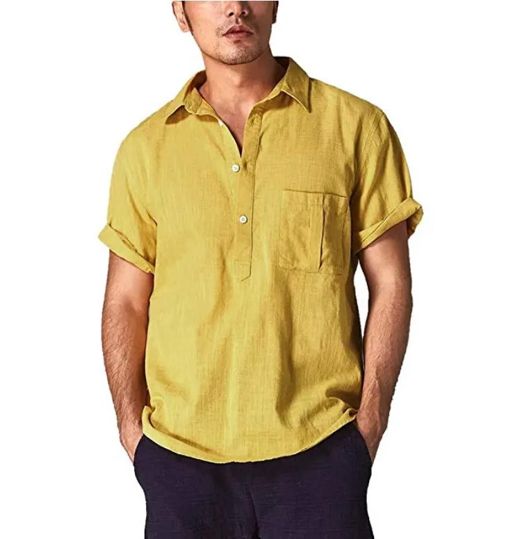 Повседневная мужская летняя облегающая футболка с коротким рукавом, льняная рубашка, качественный однотонный топ, блузка, размер m-xxxl - Цвет: Цвет: желтый