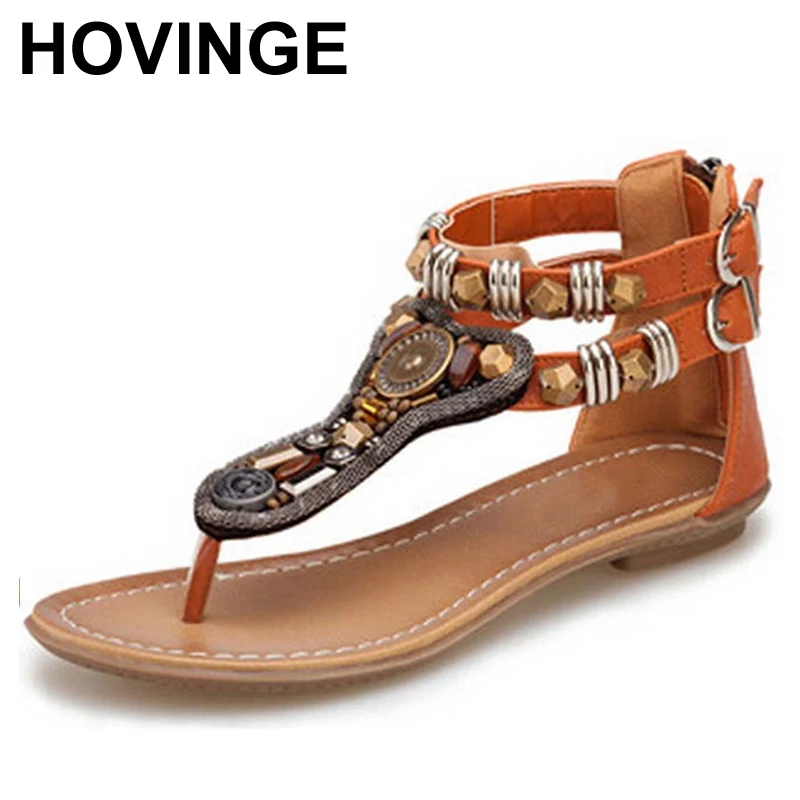 HOVINGE Boho/пляжные стильные Вьетнамки; сандалии-гладиаторы с бусинами; женские летние шлепанцы; модные сандалии на молнии; обувь на плоской подошве