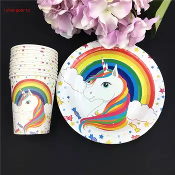 

60pcs Unicorn theme food grade paper 30*cup+7inch 30*plates Unicorn tableware for kids Unicorn birthday party decoration