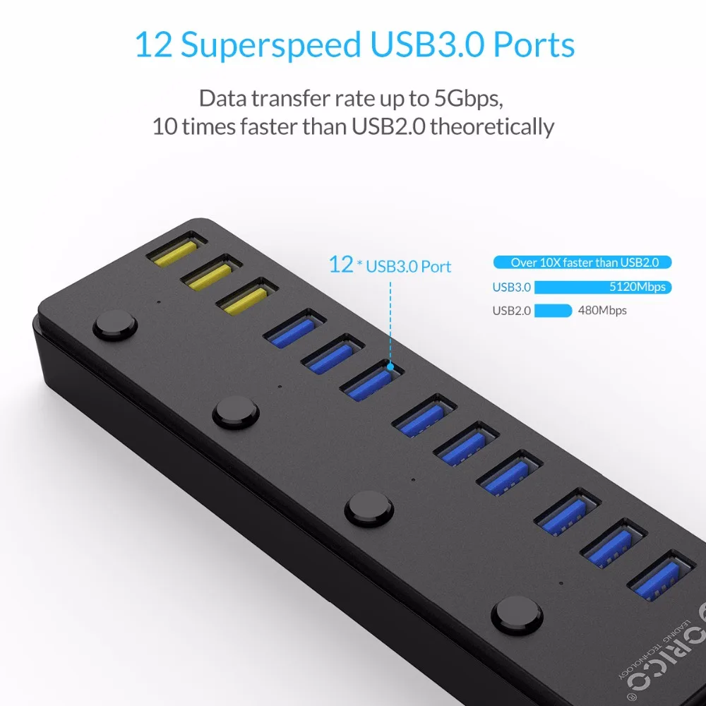  HUB ORICO P12-U3 USB 30 con adaptador de corriente 12V 5A 60W 12 puertos con 3 puertos BC1.2 puerto