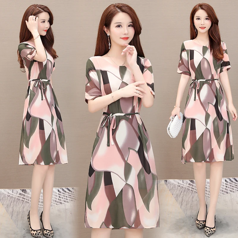 

Plus Size L-5XL Camouflage Printed Dresses Women's Chiffon Short Sleeve Knee Length Dress Vintage Women Elegant Dress