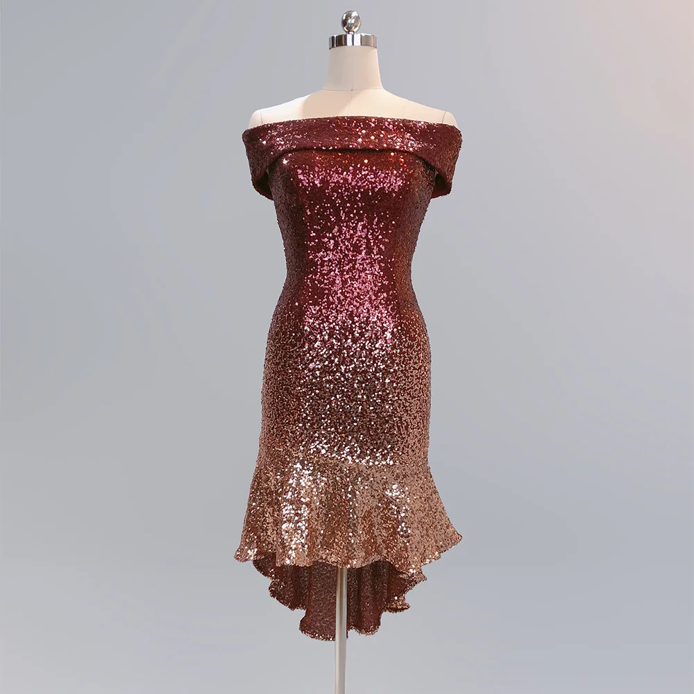 New Burgundy Sequin Cocktail Dress Nermaid Sexy Boat Neck Off The Shoulder Women Short Prom Gown Navy Lady Wedding Party Dresses