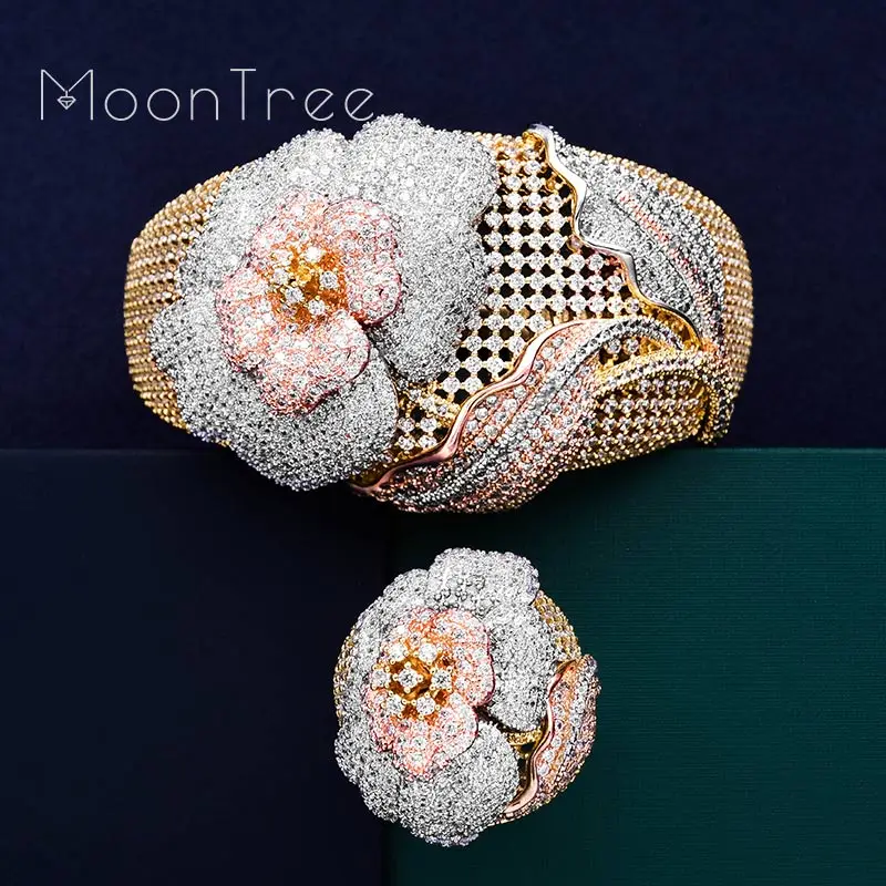 

Mootree Luxury Flowers Luxury 3 Tone SunFlower Full AAA Cubic Zirconia Women Engagement Bracelet Bangle Ring Dress Jewelry Set
