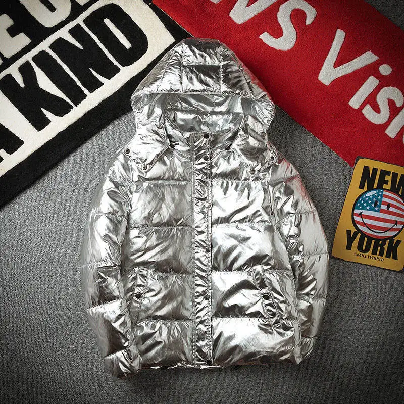 Серебряные мужские зимние пальто в стиле хип-хоп, Толстая глянцевая пуховая теплая парка, Мужская модная мужская куртка с капюшоном, верхняя одежда для пары YT50151 - Цвет: light silver