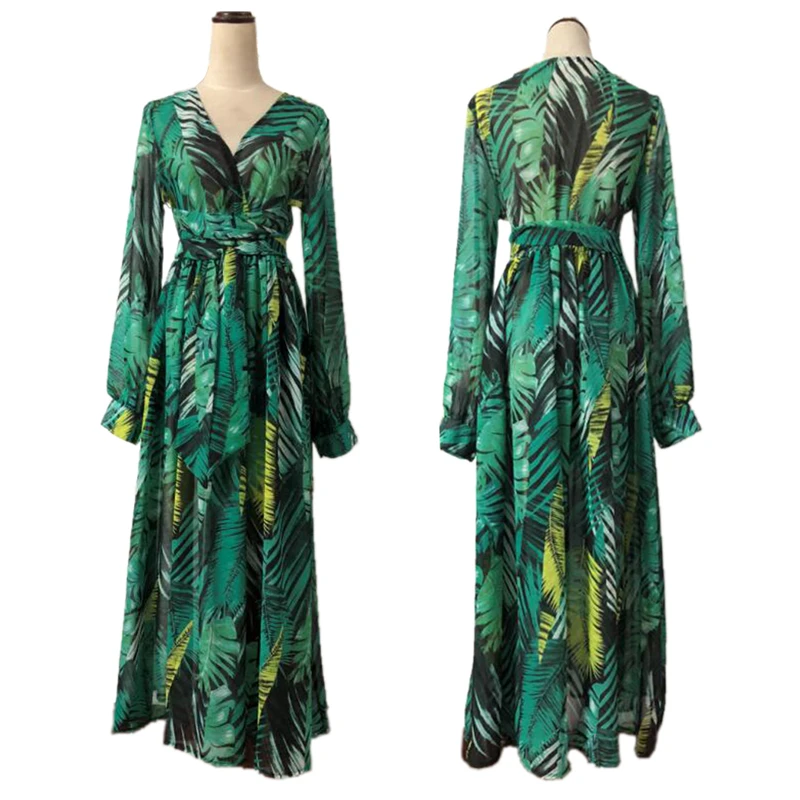 

2018 AutumnTunic V neck Chiffon Dress Tropical Leaf Print Long Maxi Dresses Plus Size XXXL Loose Vintage Dress