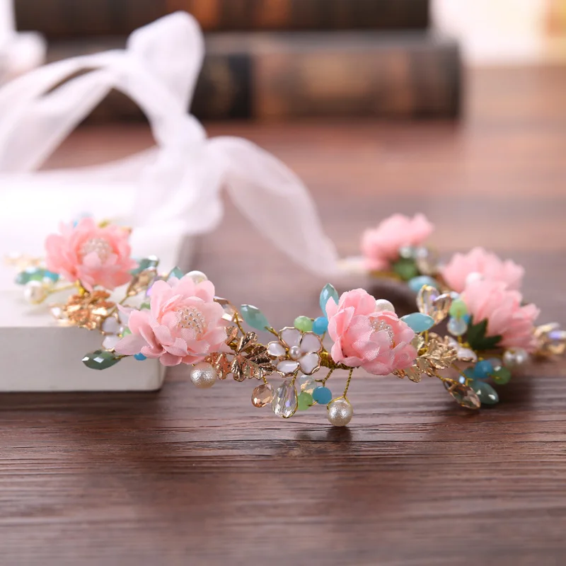 Red Pink Crystal Pearl Handmade Flower Crown Tiaras Headpiece Head