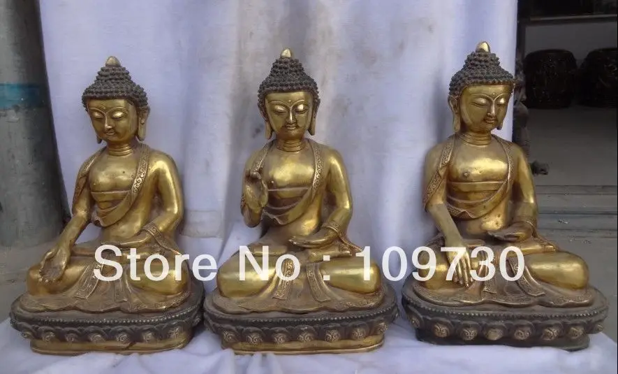 

00893 16"Chinese Buddhism Bronze Gold Gilt Western 3 Gods Shakyamuni Buddha Statue Set