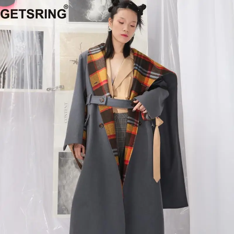

GETSRING Women Coat Winter Irregular Plaid Wool Coat Multi-Ways Wear Female Overcoat Double Breasted Woolen Overcoat Long Coats