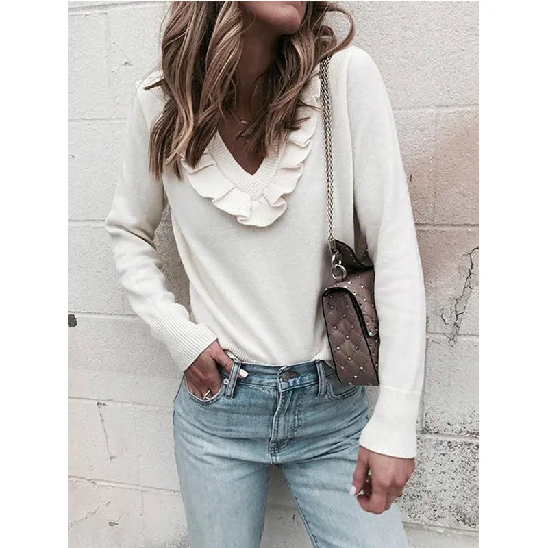 

Casual V Neck Long Sleeves Ruffle Tops 2018 Autumn Loose Elegant Silm Solid Tops 5 Colors Plus Size SJ1031T