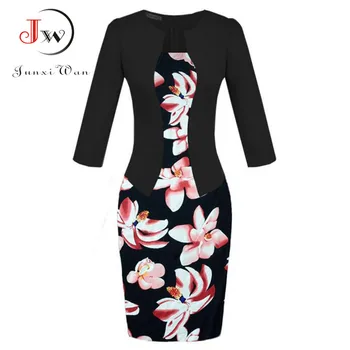 

Fashion Women Retro Vintage Faux Two Piece Dress Elegant Lady Floral Print 3/4 Sleeve Pencil Dress Office Wear Outfits Plus Size