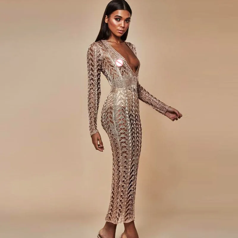 Rose gold long sleeve bodycon dress v neck