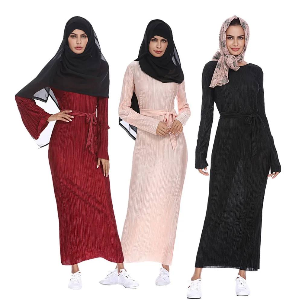 

2019 Muslim Summer Sexy Slim Pleated Striped Trumpet Sleeves Hip Dress islamic clothing caftan marocain abaya turkey