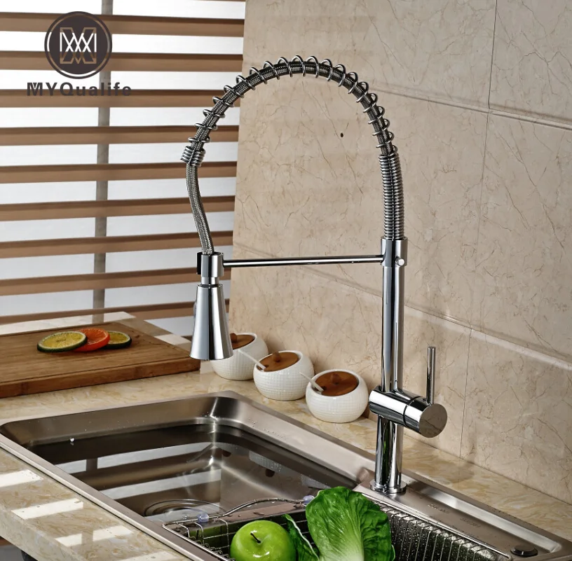 

Polished Chrome Deck Mount Kitchen Sink Mixer Taps One Hole with Hot and Cold Water Hose Kitchen Faucet