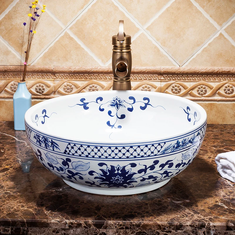 Blue and white Counter Top porcelain wash basin bathroom sinks ceramic