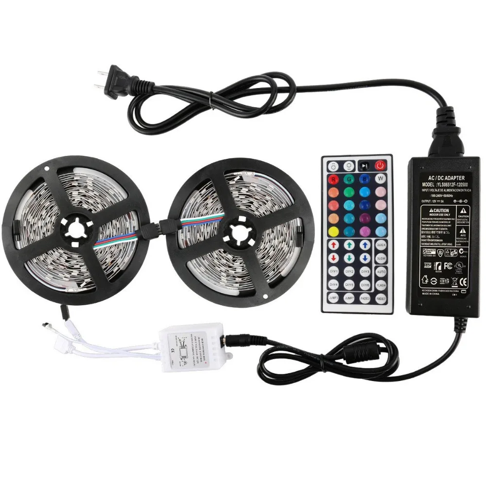 #cheap Led Light Strip DC12V SMD 5050 32.8 Ft (10M) 300leds RGB 60leds m IP30 with 44 key IR 12V 5A Controller Power Supply Kitchen
