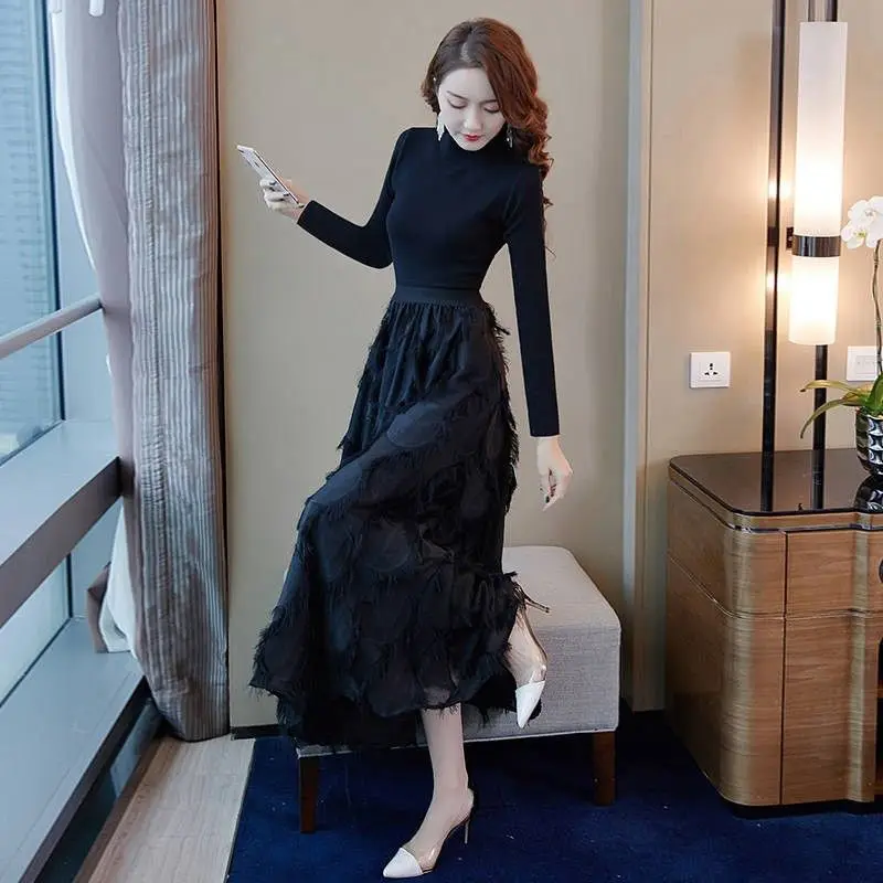 

Spring Autumn High Quality Women Tracksuit Lady Knitting Sweater + Long Skirt 2 Piece Set Female Slim Outfits Clothes Sets F173