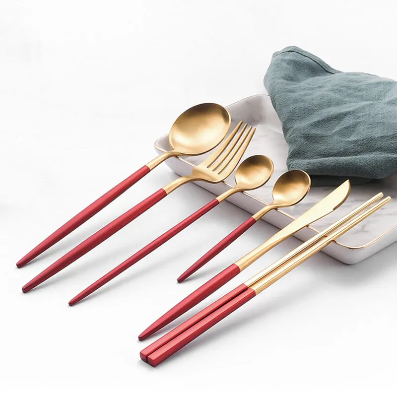 

6pcs/lot Red Gold Dinnerware Western Cutlery Set Stainless Steel Knife Spoon Fork for Kitchen Food Photography Studio Props