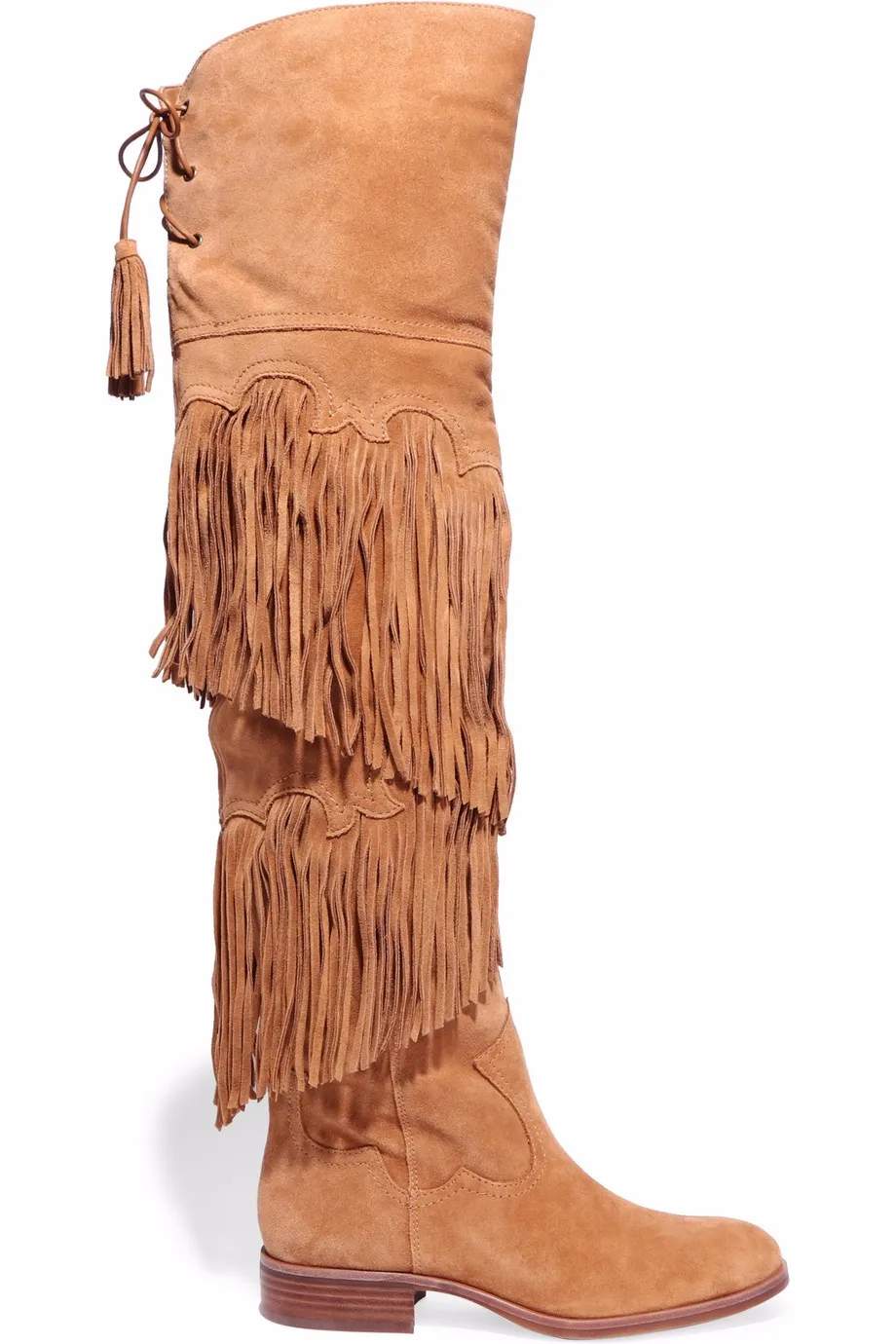 Autumn Newest Suede Fringed Over the Knee Boots Fashion Back Lace up Flat Boots Woman High