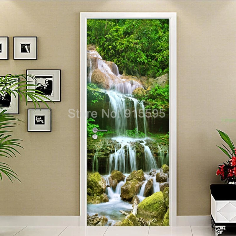 Горный водопад природа пейзаж настенная живопись Гостиная Спальня дверь стикер ПВХ самоклеющиеся фото Настенные обои
