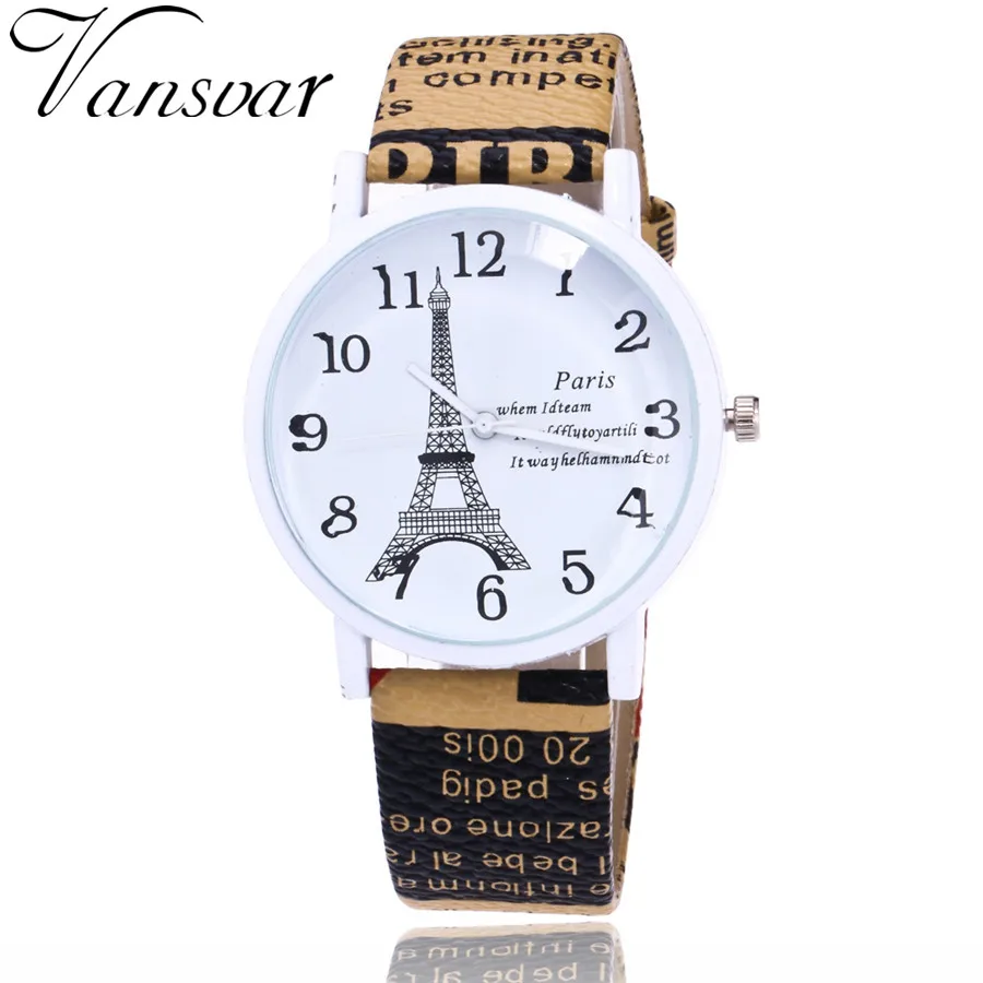 Vansvar Brand Fashion USA Flag And Eiffel Tower Watch Casual Women Watches Vintage Leather Quartz Watches