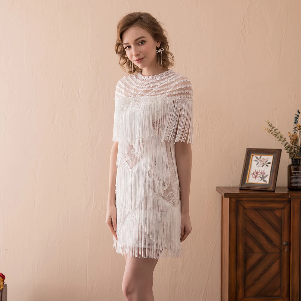 

Lovely Short Prom Dress 2019 New Arrival O-Neckline Mini Above The Knee Length Cap Sleeve Tiered Tassel Girls Party Evening Gown
