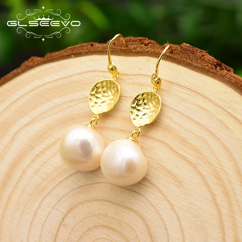 

GLSEEVO Hammer Drop Earrings For Women Hammer Dangle Earring 925 Sterling Silver Freshwater Pearl Fine Jewelry GE0688