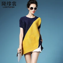 Топ с украшением в виде цветного блока, модная короткая эластичная футболка средней длины с круглым вырезом и коротким рукавом, плиссированные рубашки для женщин