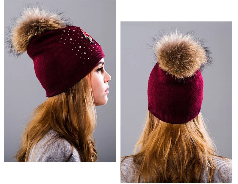 Winter Hat Women Knit Beanie Warm Cap Wool Flower Real Raccoon Pom Pom Autumn Casual Outdoor Ski Skullies Snow Accessory (41)