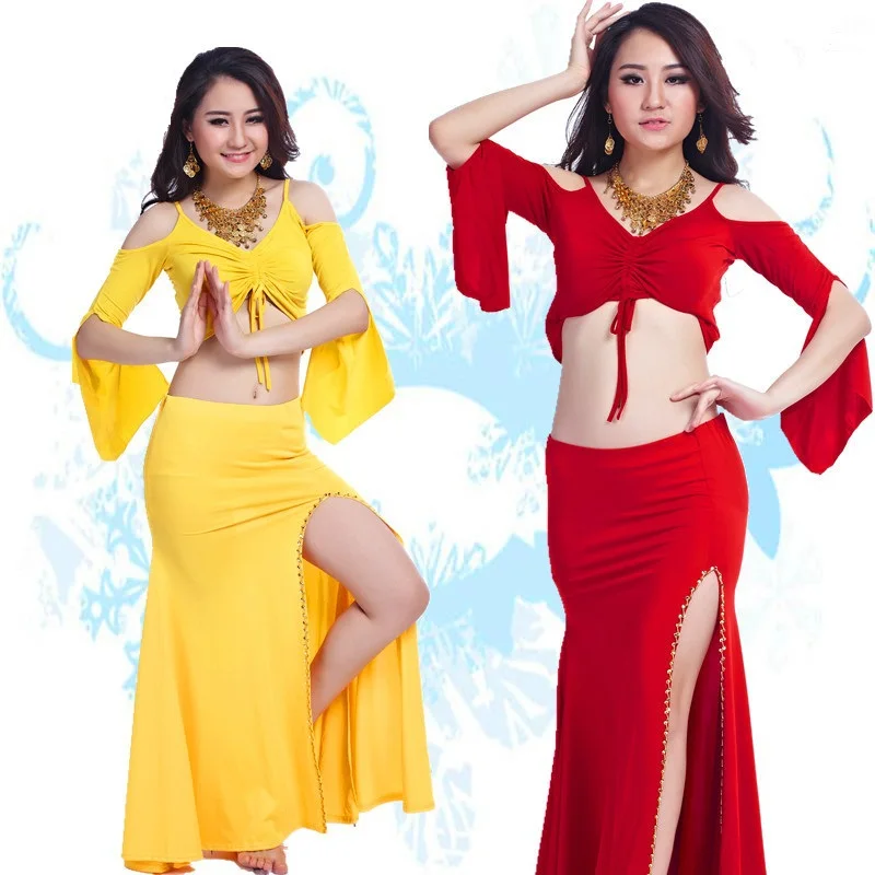 

4pcs/set Performance Belly Dance Costume Half Sleeve Solid Waist-Chain Pants for Indian Women Belly Dancing Set LD132