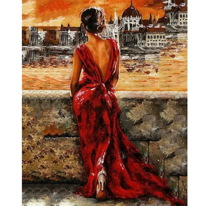 

Diy Oil Painting By Numbers Hand Painted Paint Coloring By Number Canvas Painting Picture Home Decor Red Dress Lady