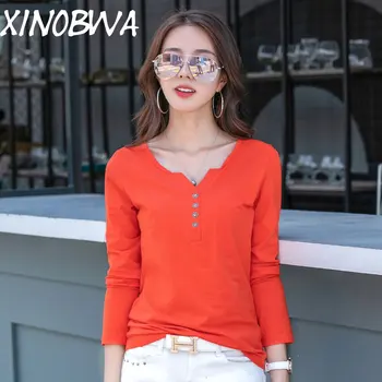 

Europe New Women Spring High Street Fashion Sexy V Neck Long Sleeve Solid Button T Shirt Tops Female Casual Loose Shirts Tees