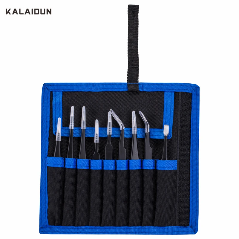 KALAIDUN 9PCS ESD Stainless Steel Tweezers Kit Precision Electronics