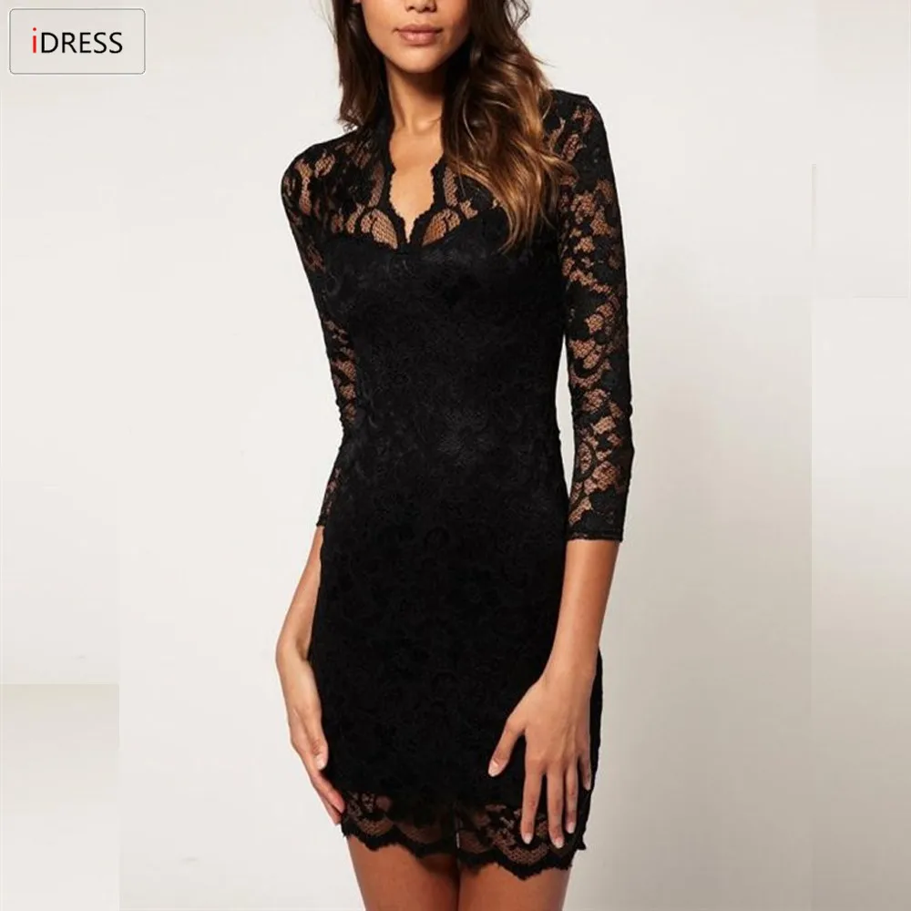 

Free Shipping 4 Colors Black Blue White Green Ladies Sexy V Neck Middle Sleeve Women Casual Party Dress Elegant Mini Lace Dress