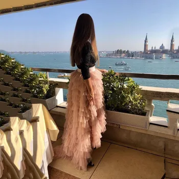 

Elegant Champagne A-Line Women's Skirts Tiered Pleated High Low High Street Prom Party Skirt